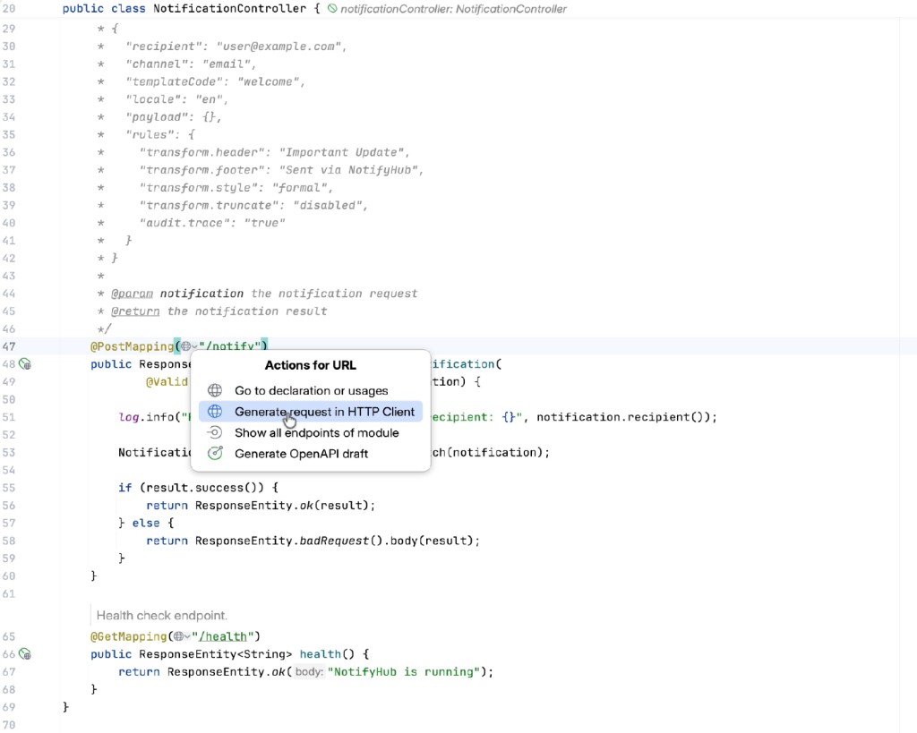 PostMapping gutter offering Generate request in HTTP Client