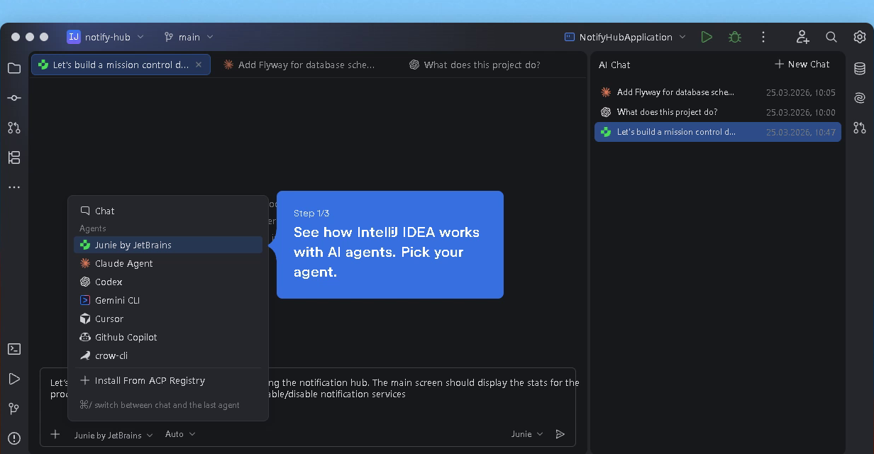 Agent picker in IntelliJ IDEA with Junie selected, first frame of the AI walkthrough