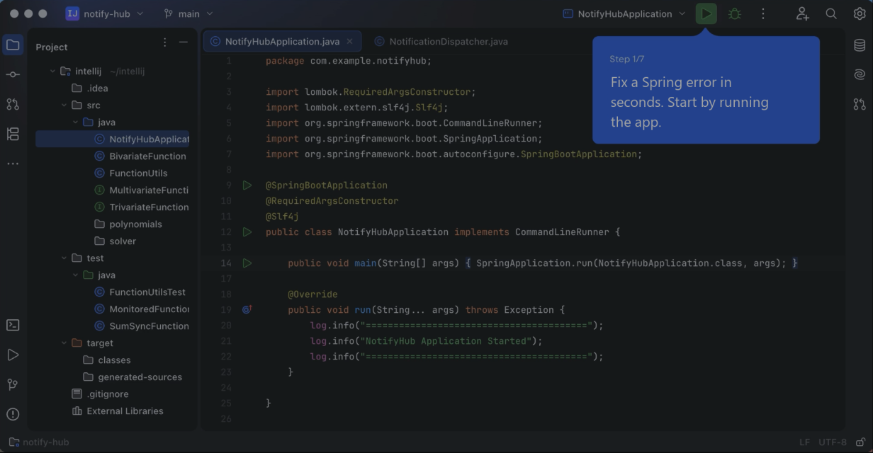 NotifyHubApplication.java open in IntelliJ IDEA, step 1 of 7, before the Spring run fails