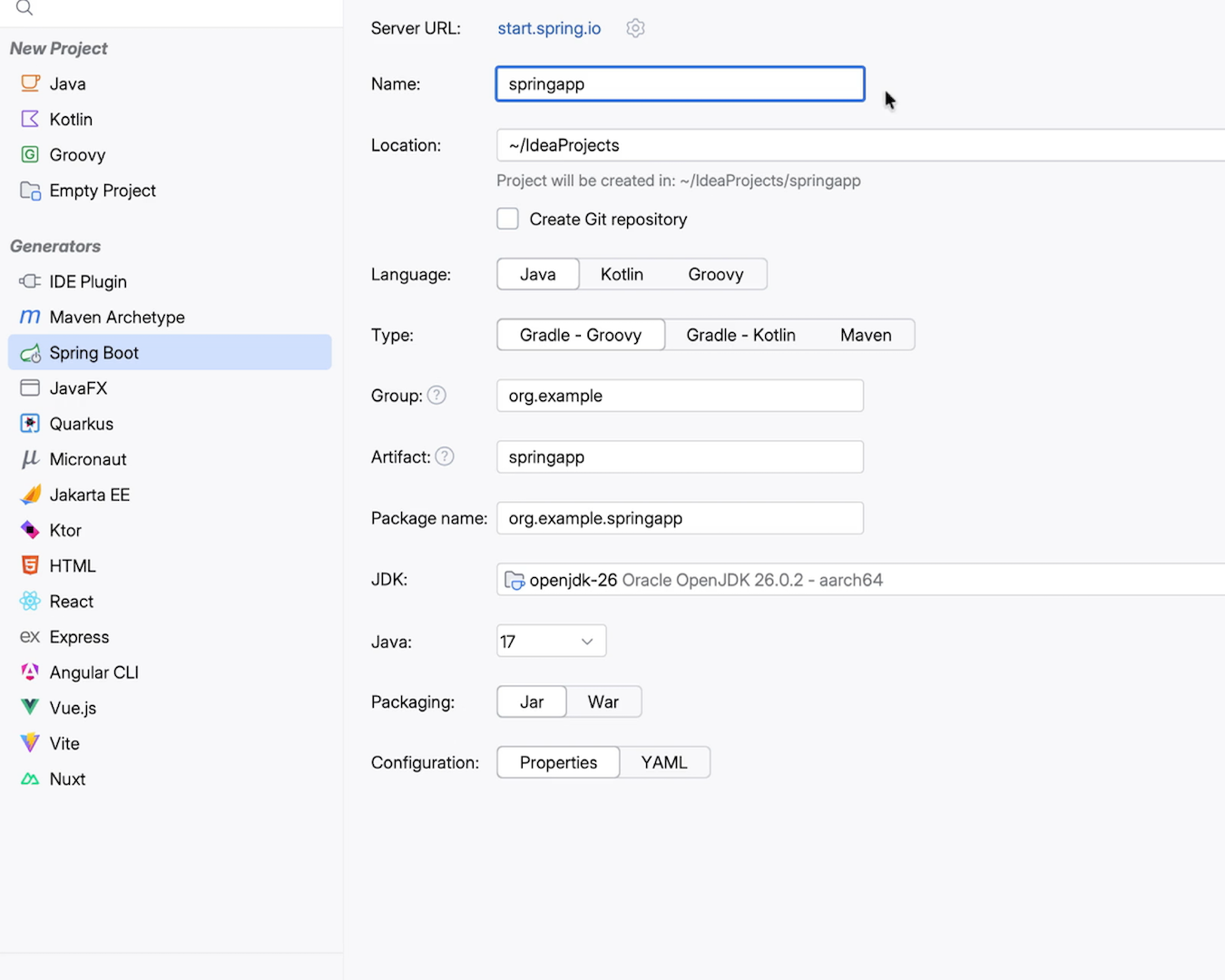 Light New Project wizard with Spring Boot, Java, Kotlin, and Gradle selected