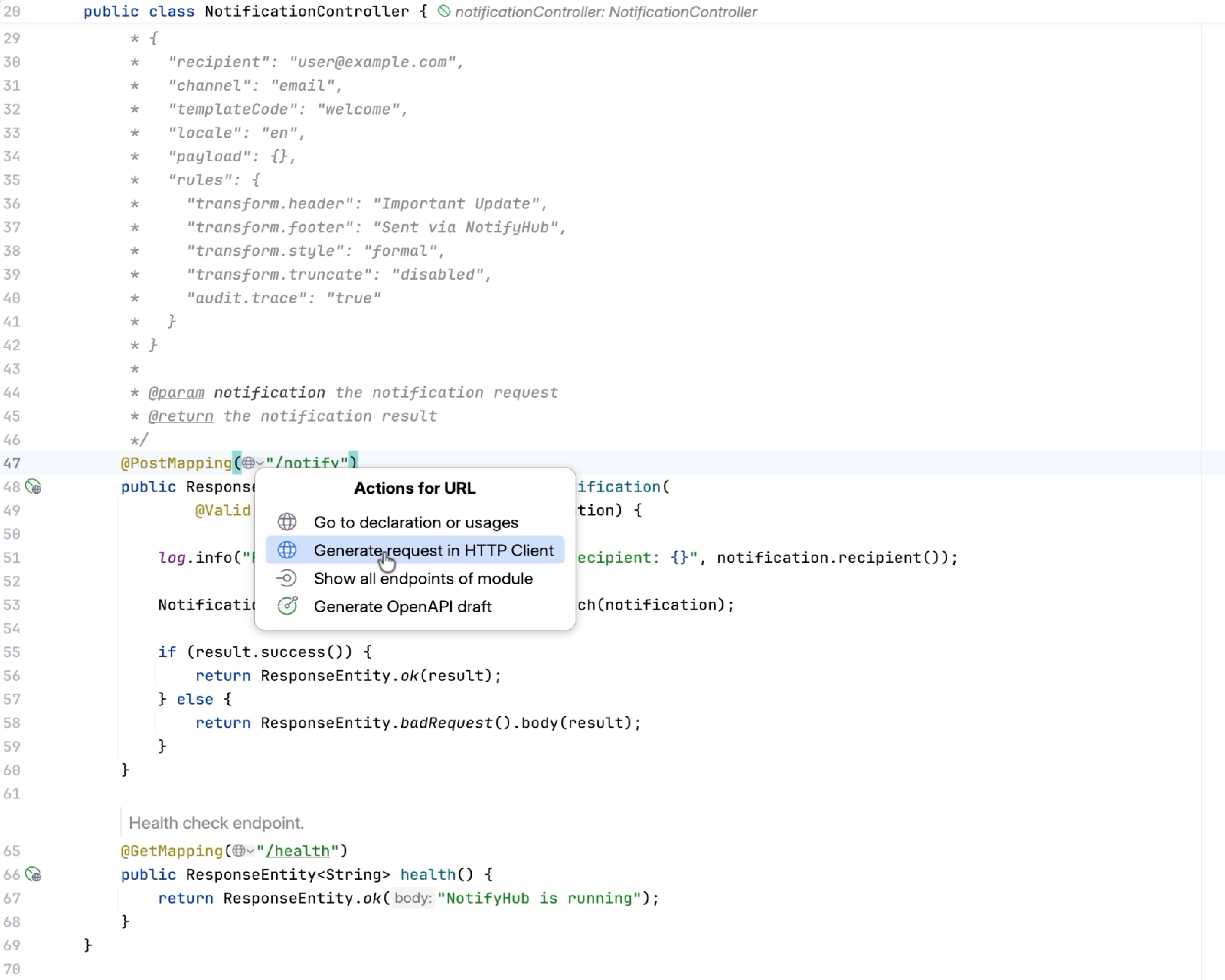 Light editor gutter offering HTTP Client and an OpenAPI draft