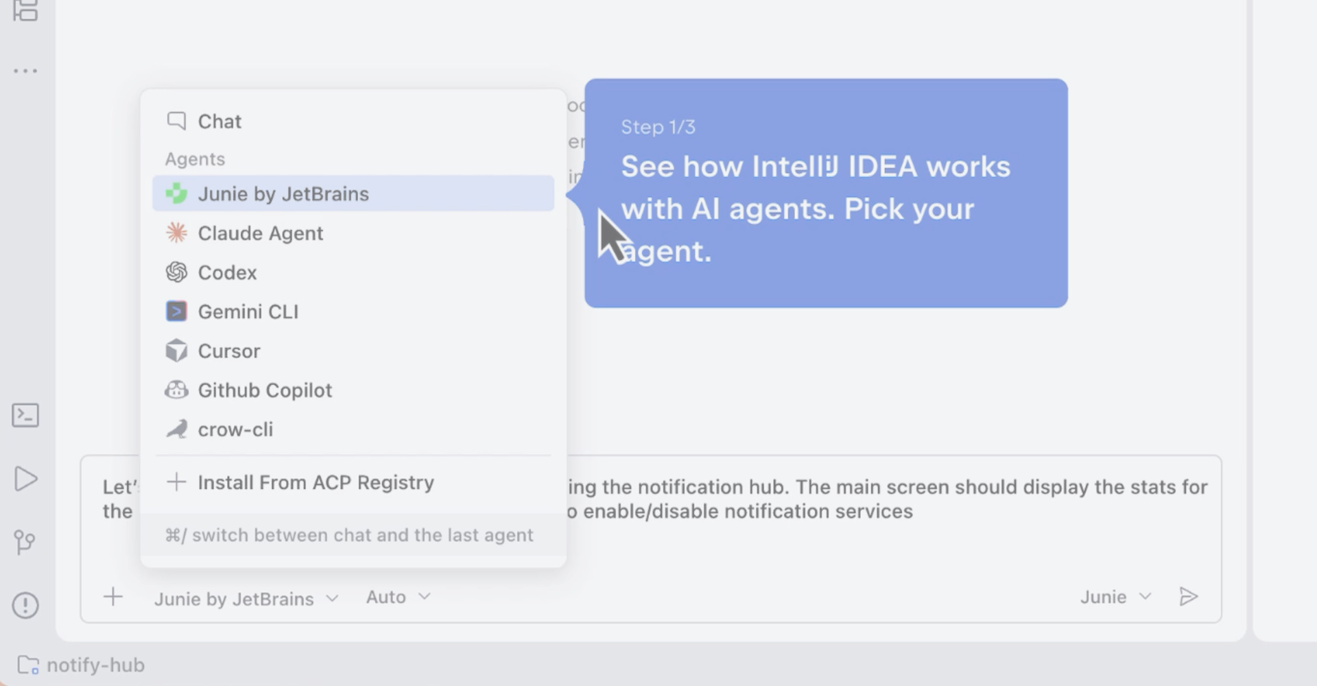Light agent picker listing Junie and other agents from the open editor
