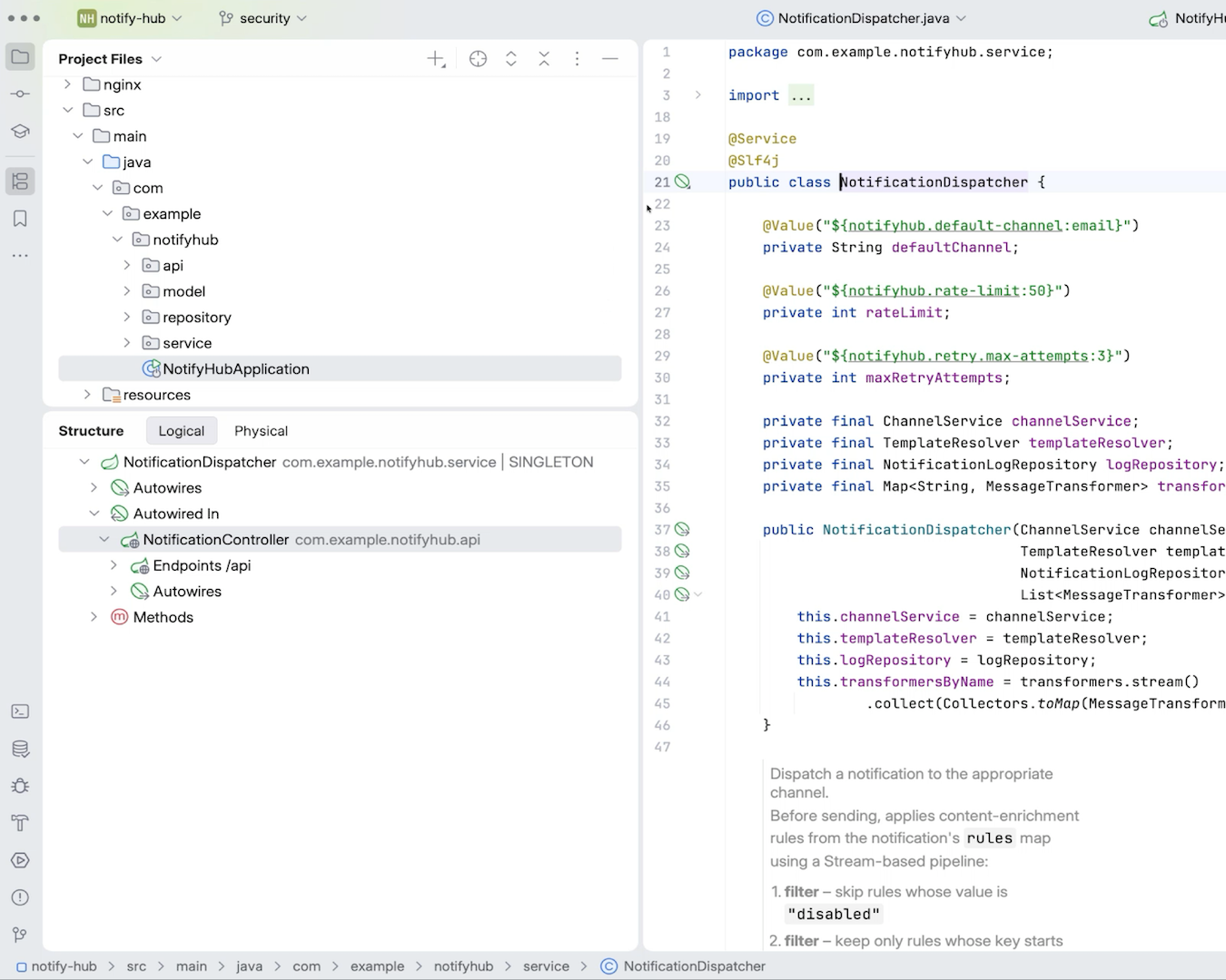 Light project tree and editor open on NotificationDispatcher in a Spring service